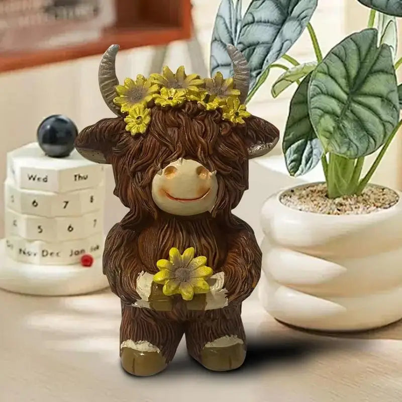 Highland Cow Figurine Resin Figurine With Flower Collectible Figurine For Farmhouse Table Home Garden Decorations