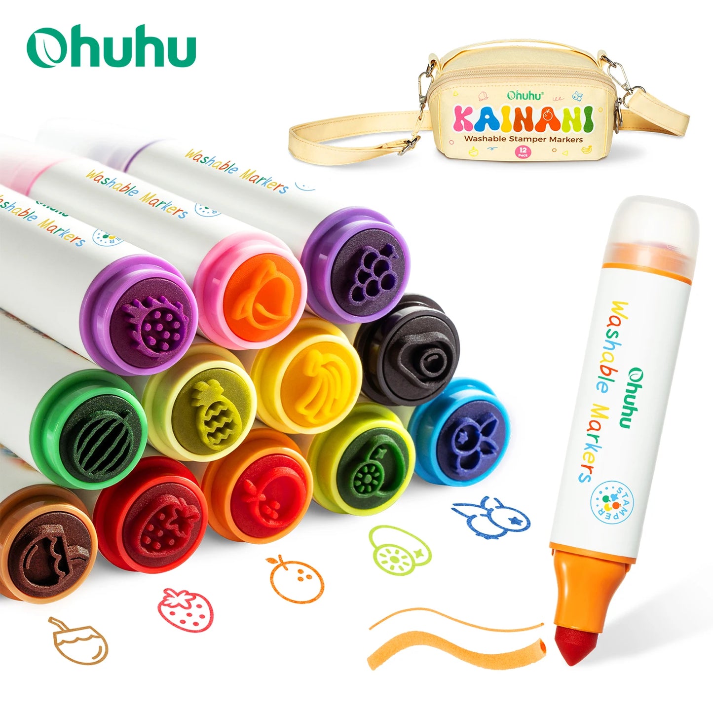 Ohuhu Washable Markers for Kids 12Pcs Stamper Markers Water-based Dual Tips Kids Markers Coloring Markers Art School Supplies