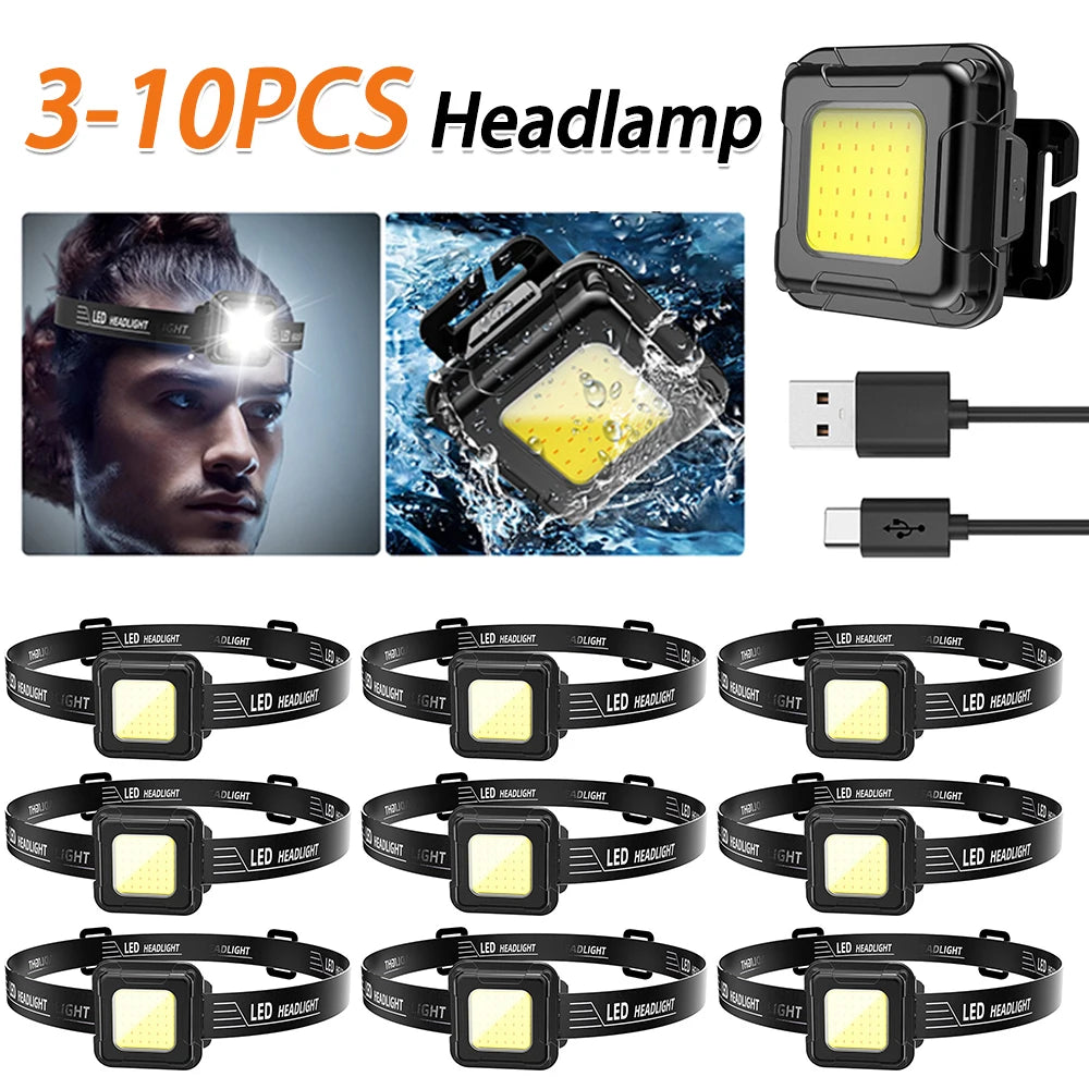 3-10PCS LED Work Light Type C USB Charging Multifunctional Head Torch Adjustable Angle COB LED Headlight Camping Running Hiking