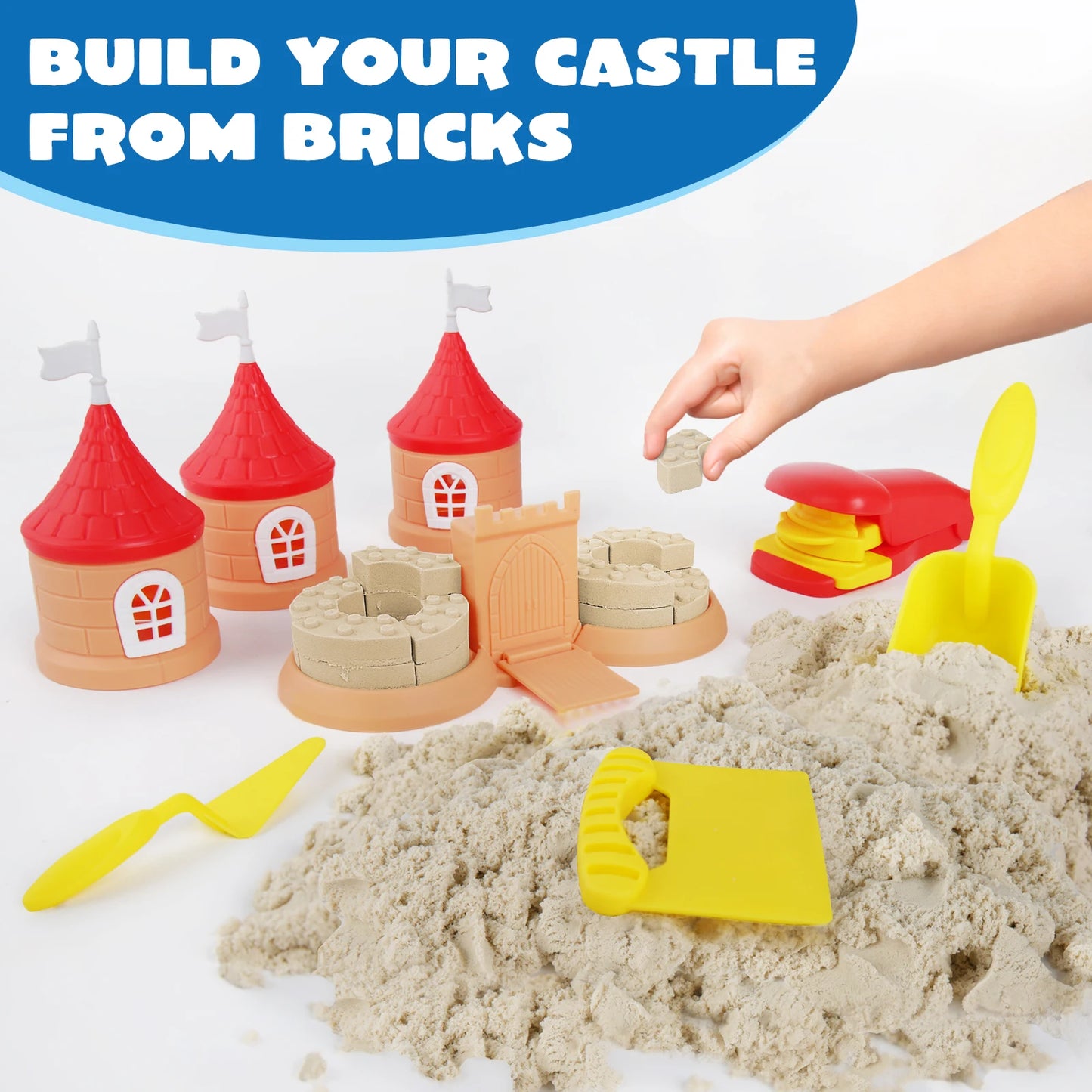 Sensory Sand Building Molds with Brick Press & 4 Tools Building Toys Set House Castle Moldable Sensory Play Sand for Kids Age 3+