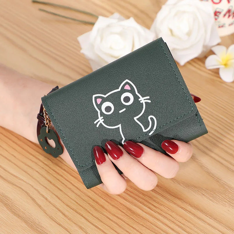 Solid Color PU Leather Fold Purse With Lovely Cat Print / Fashion Short Wallet Money Card Holder For Women