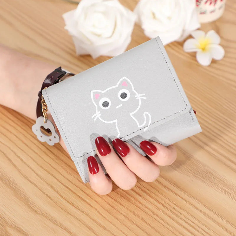 Solid Color PU Leather Fold Purse With Lovely Cat Print / Fashion Short Wallet Money Card Holder For Women