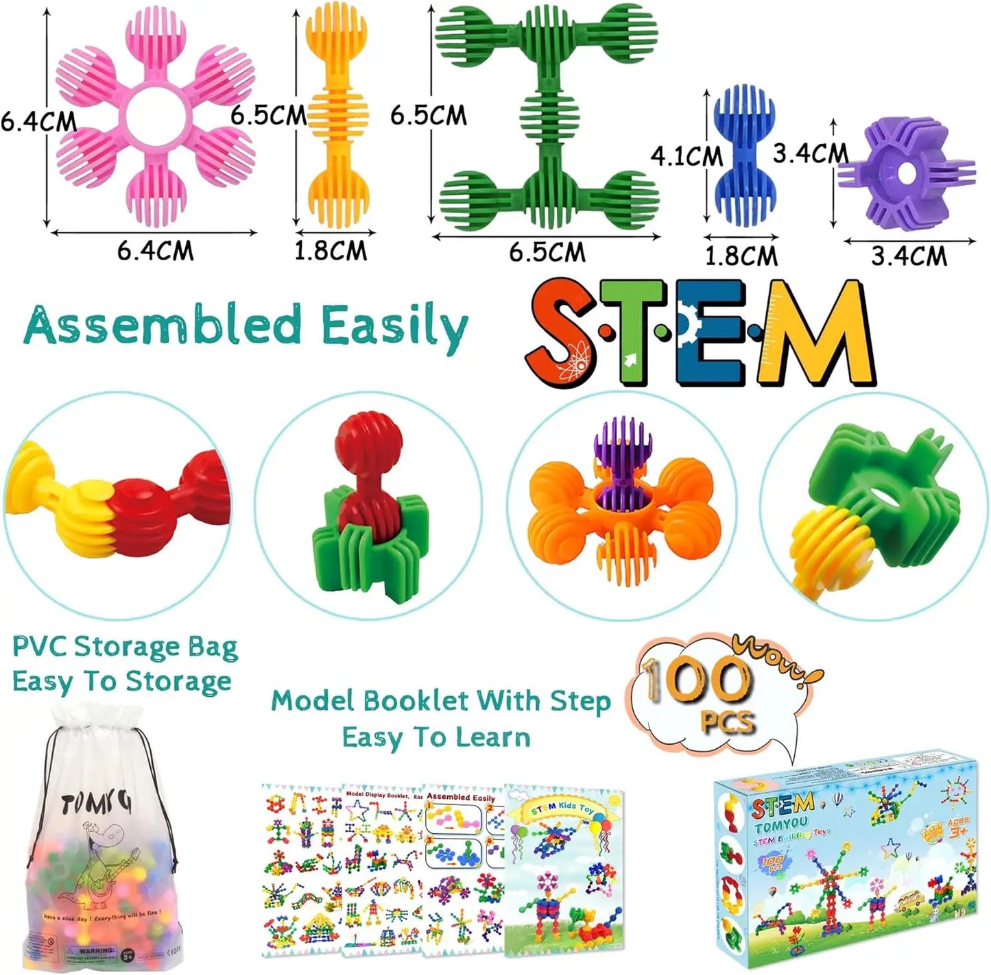 Creative Building Blocks Set - 100 Pieces Puzzle Stem Connecting Educational Toys for Kids for Girls Boys