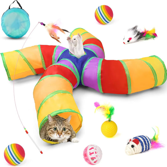 Enticing Collapsible Cat Tunnel Set with 4 Entrances - Rainbow Pinwheel Shape - Includes 11 Catnip Toys - Interactive Indoor Pla