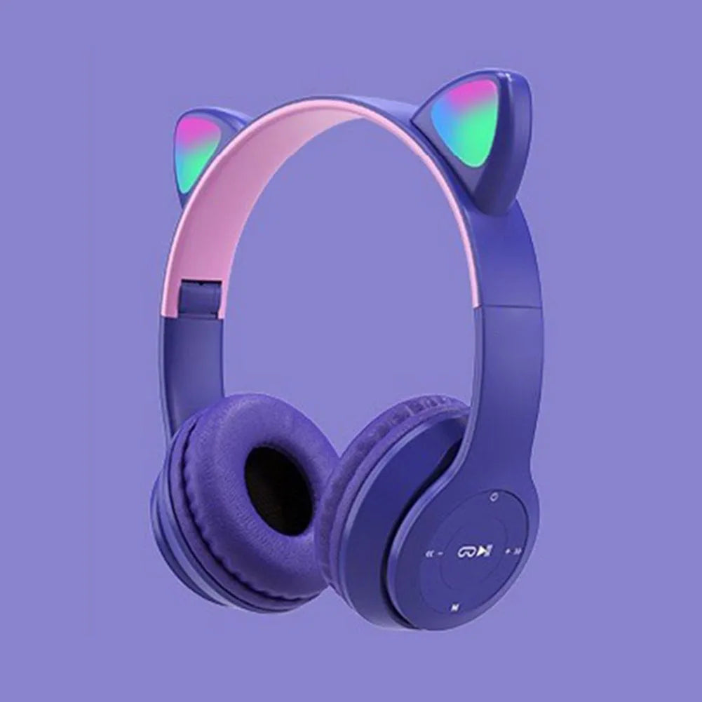 Wireless Headphones Cat Ear Gaming Headset Glow Light Bluetooth-Compatible Helmets Cute Over-Ear Headsets for Kids and Adult