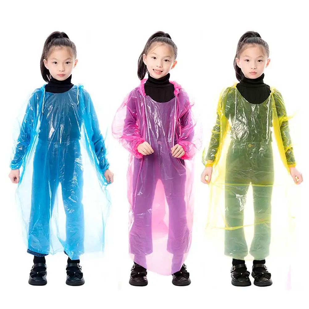 9-30PCS Kids Emergency Raincoats with Drawstring Hood Disposable Plastic Rain Poncho Rainwear for Camping Recreation Hiking