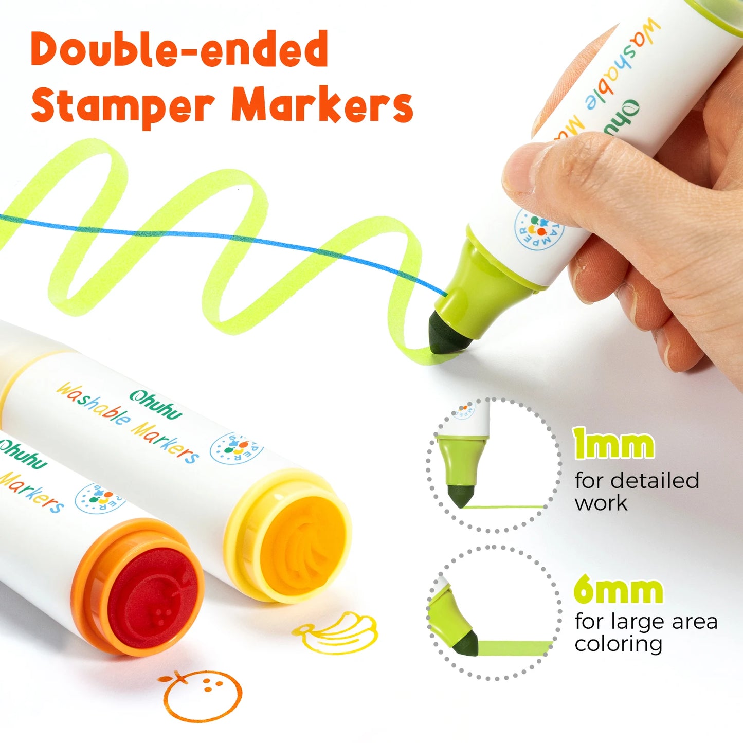 Ohuhu Washable Markers for Kids 12Pcs Stamper Markers Water-based Dual Tips Kids Markers Coloring Markers Art School Supplies