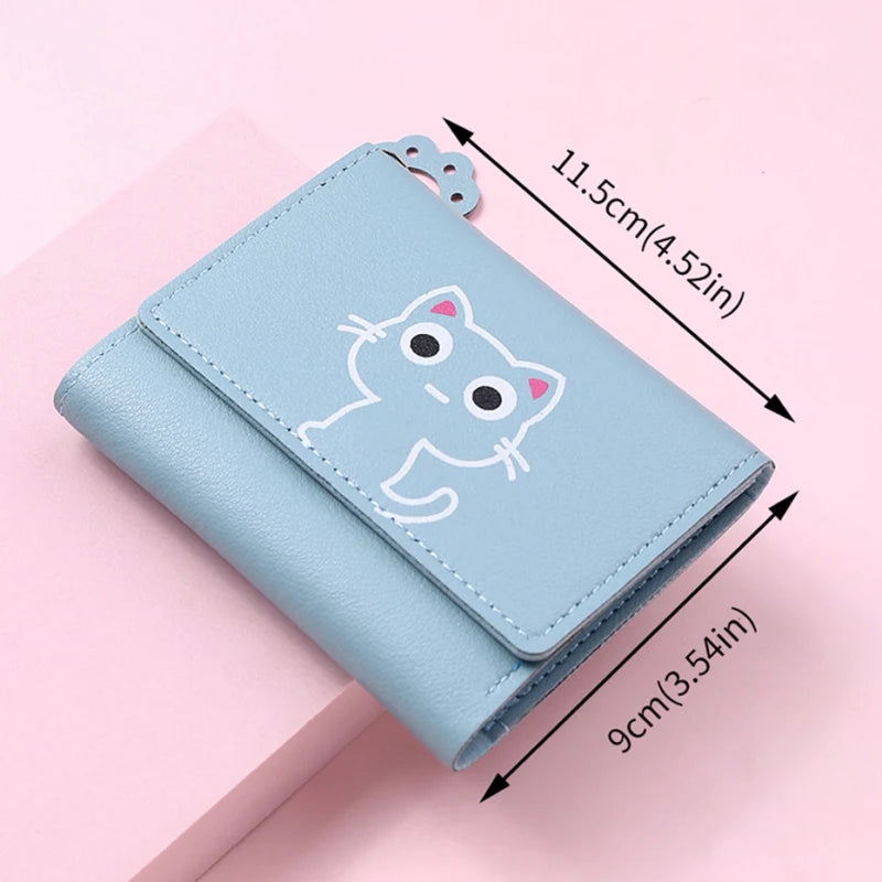 Solid Color PU Leather Fold Purse With Lovely Cat Print / Fashion Short Wallet Money Card Holder For Women