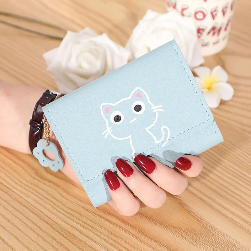 Solid Color PU Leather Fold Purse With Lovely Cat Print / Fashion Short Wallet Money Card Holder For Women