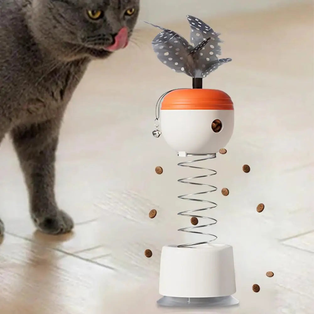 Cat Interactive Feeder Spring-Loaded Interactive Cat Feather Toy Automatic Slow Feeder Ball With Bell Stable Suction Cup Pet