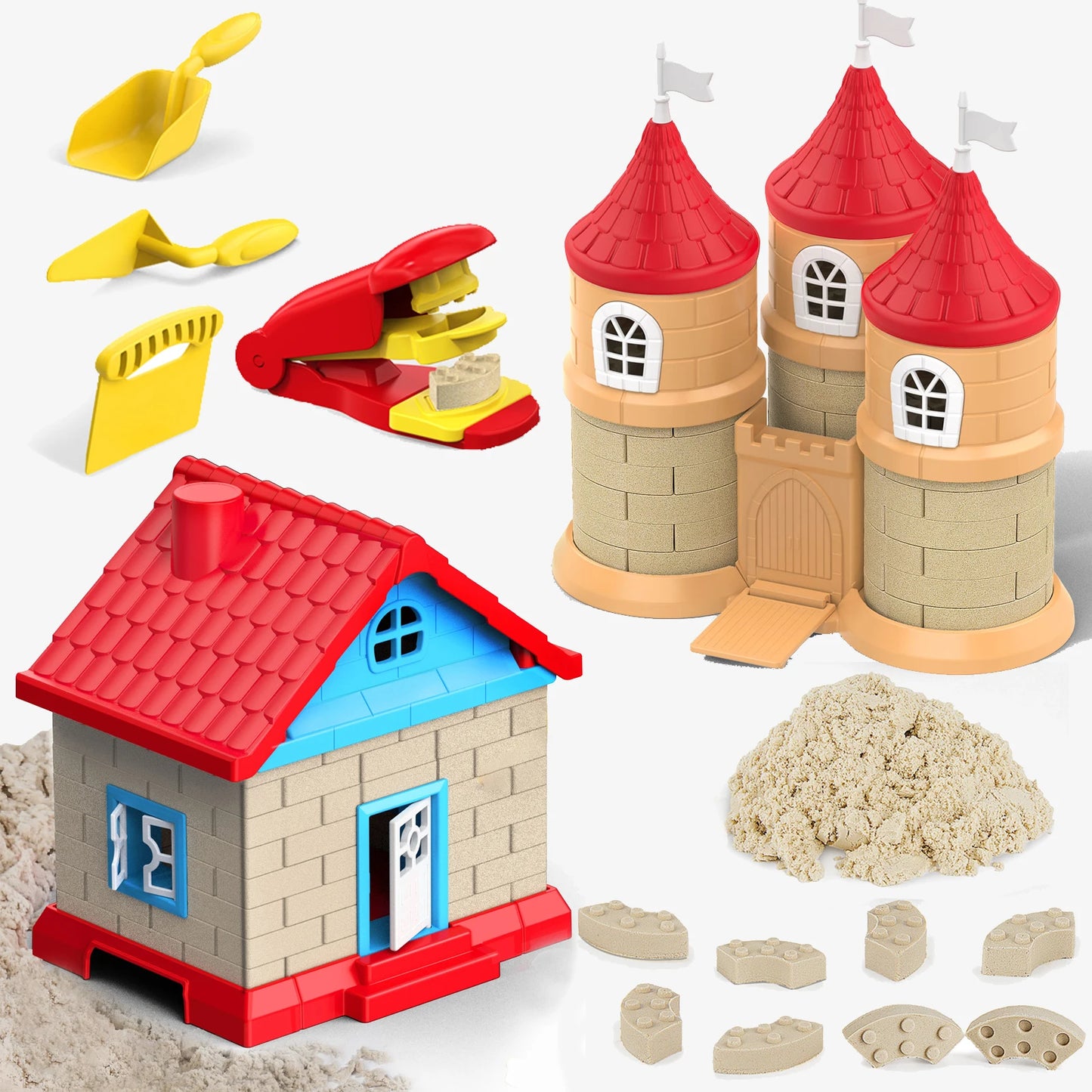 Sensory Sand Building Molds with Brick Press & 4 Tools Building Toys Set House Castle Moldable Sensory Play Sand for Kids Age 3+