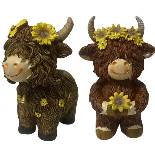 Highland Cow Figurine Resin Figurine With Flower Collectible Figurine For Farmhouse Table Home Garden Decorations