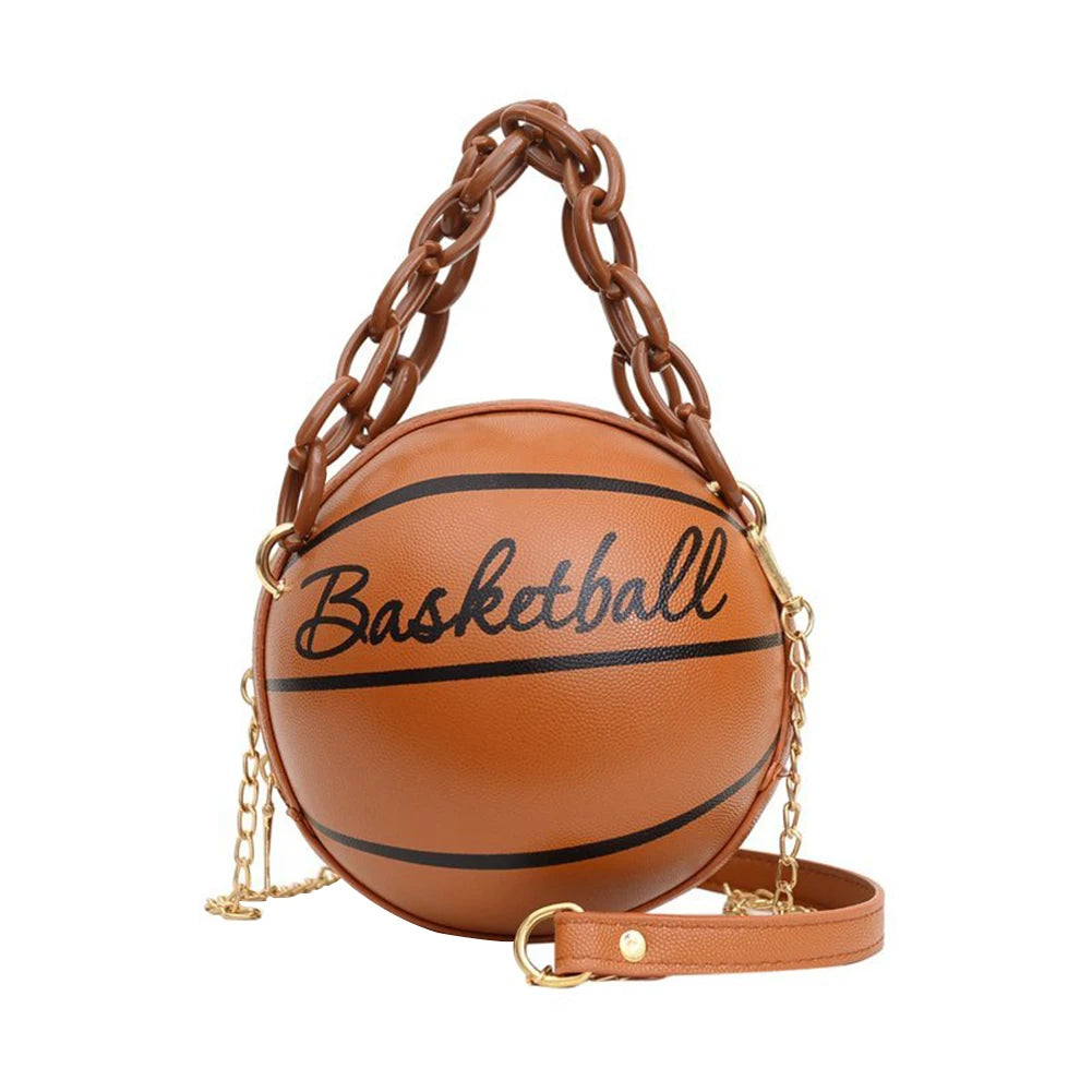 Women Basketball Shaped Mini Shoulder Bag Zipper PU Leather Small Tote Bag Chain Bag Basketball Purse for Girls Women