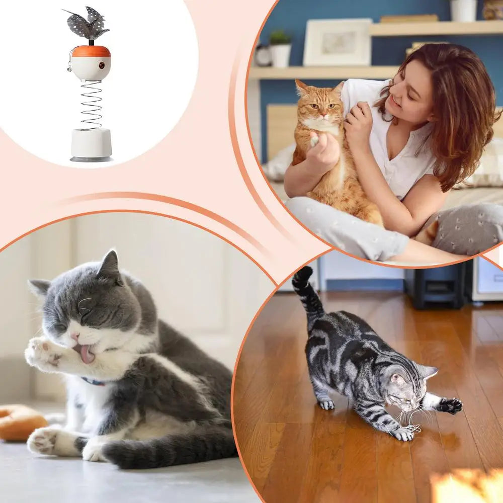 Cat Interactive Feeder Spring-Loaded Interactive Cat Feather Toy Automatic Slow Feeder Ball With Bell Stable Suction Cup Pet