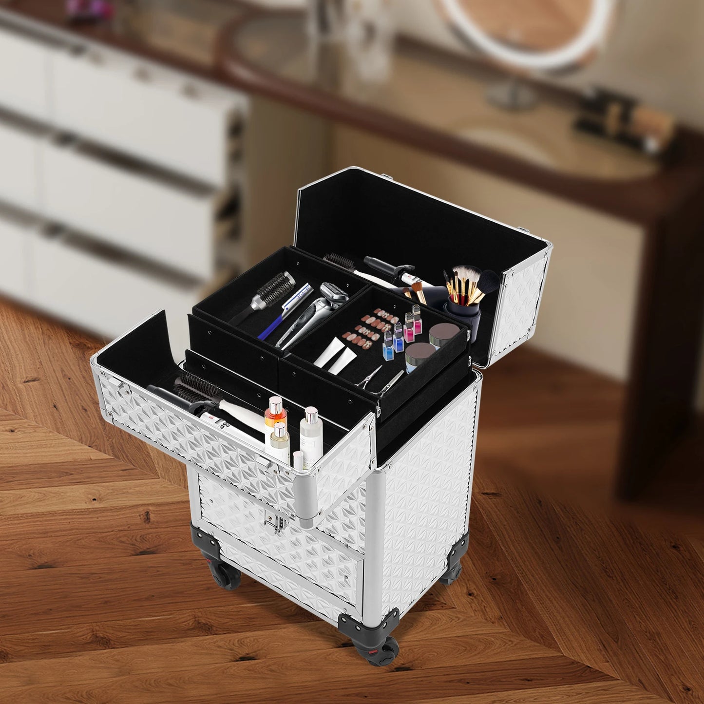 Aluminum Rolling Makeup Train Case, Portable Makeup Organizer Suitcase, Cosmetic Storage Box, Travel Beauty Luggage Trolley Lock