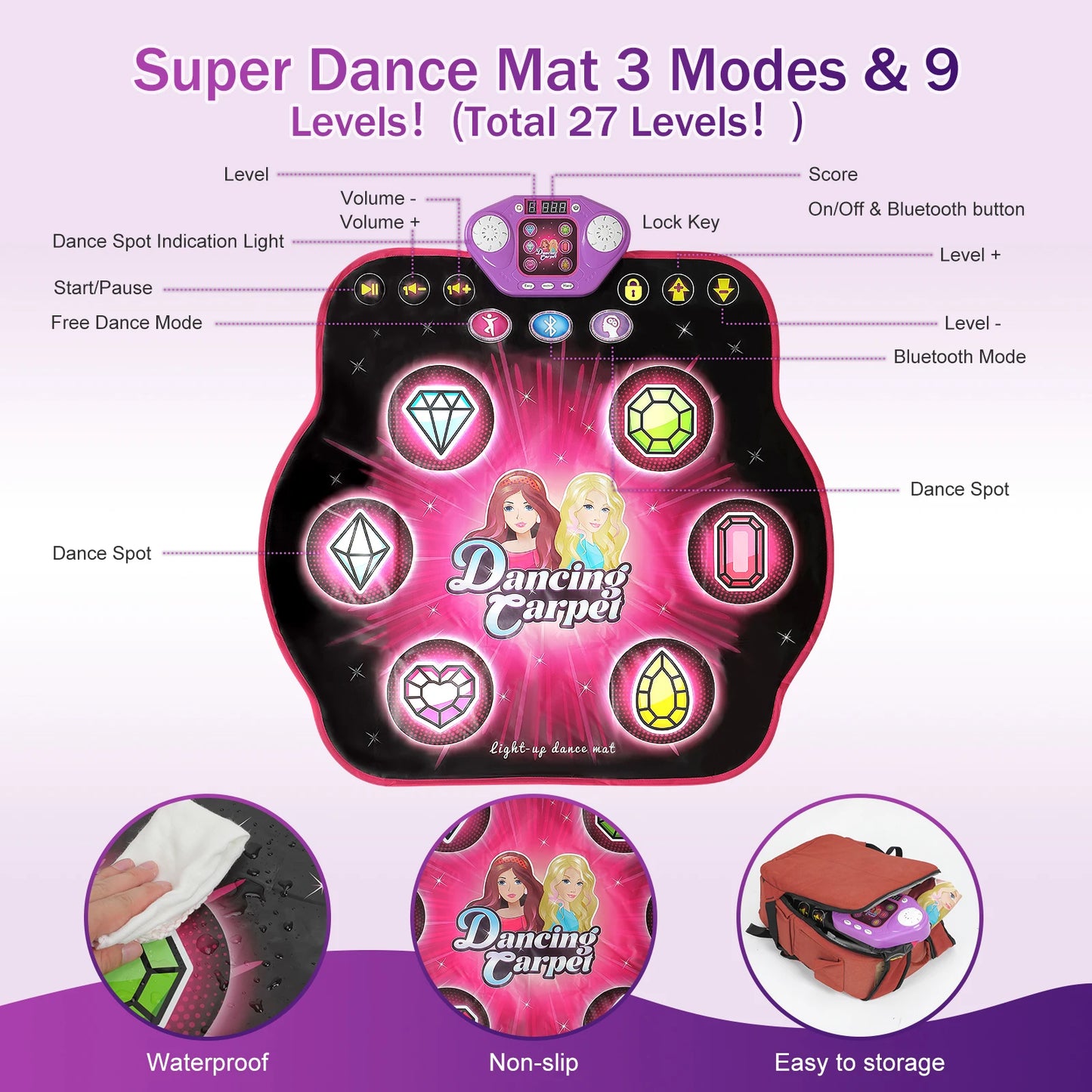 VATOS 27 Levels Dance Mat for Girls Kids 6 LED Keys Light Up Bluetooth Lock 5 Music Dancing Game Toy Ages 3~8 Years Old