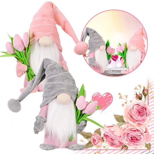 2Pcs Old Man Dwarf Decor Holding Tulip Mini Gnomes Figure Creative Plush Faceless Dwarf Ornament Mother Day Home Decor