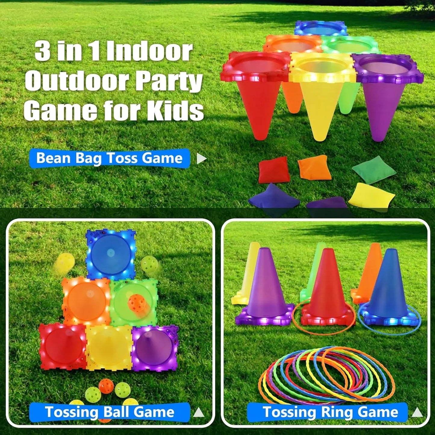 VATOS Light Up Toss Game Garden Toy 3 In 1 Toss Game Play Set Throwing Target Outdoor Party Soccer Gmaes Toys for Kids Adults