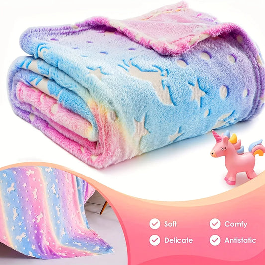 Glow in The Dark Rainbow Unicorn Blanket Cozy Soft Flannel Blanket for Sofa Bed Car Bedding Blanket for Boys Girls Kids Toddlers