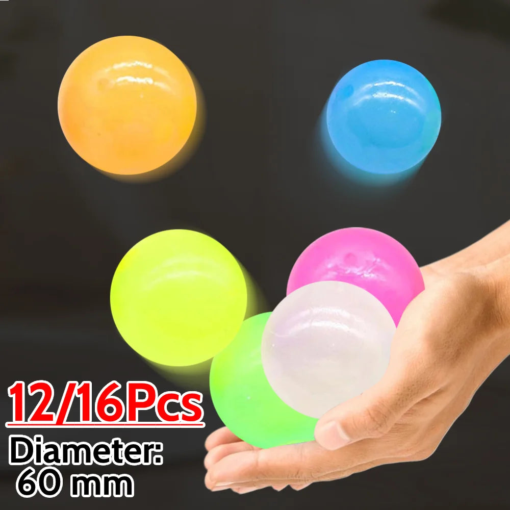 12/16PCS Glow in The Dark Sticky Balls Ceiling Balls Elevated Glowing Stress Balls  Fidget Toy for Kids Adults Teens