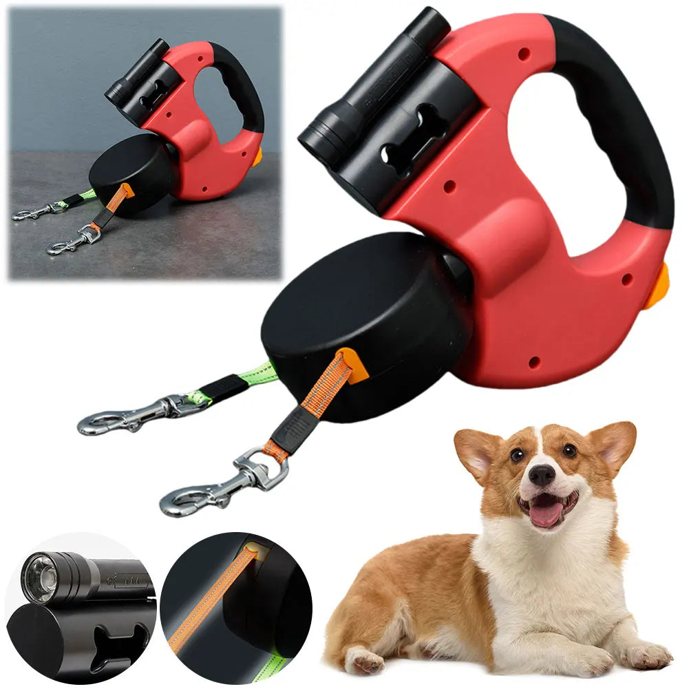 Double Headed Dog Leash Dog Walking Leash 360 Degree Swivel Dual Pet Leash with LED Light Retractable Dog Leash for 2 Dogs