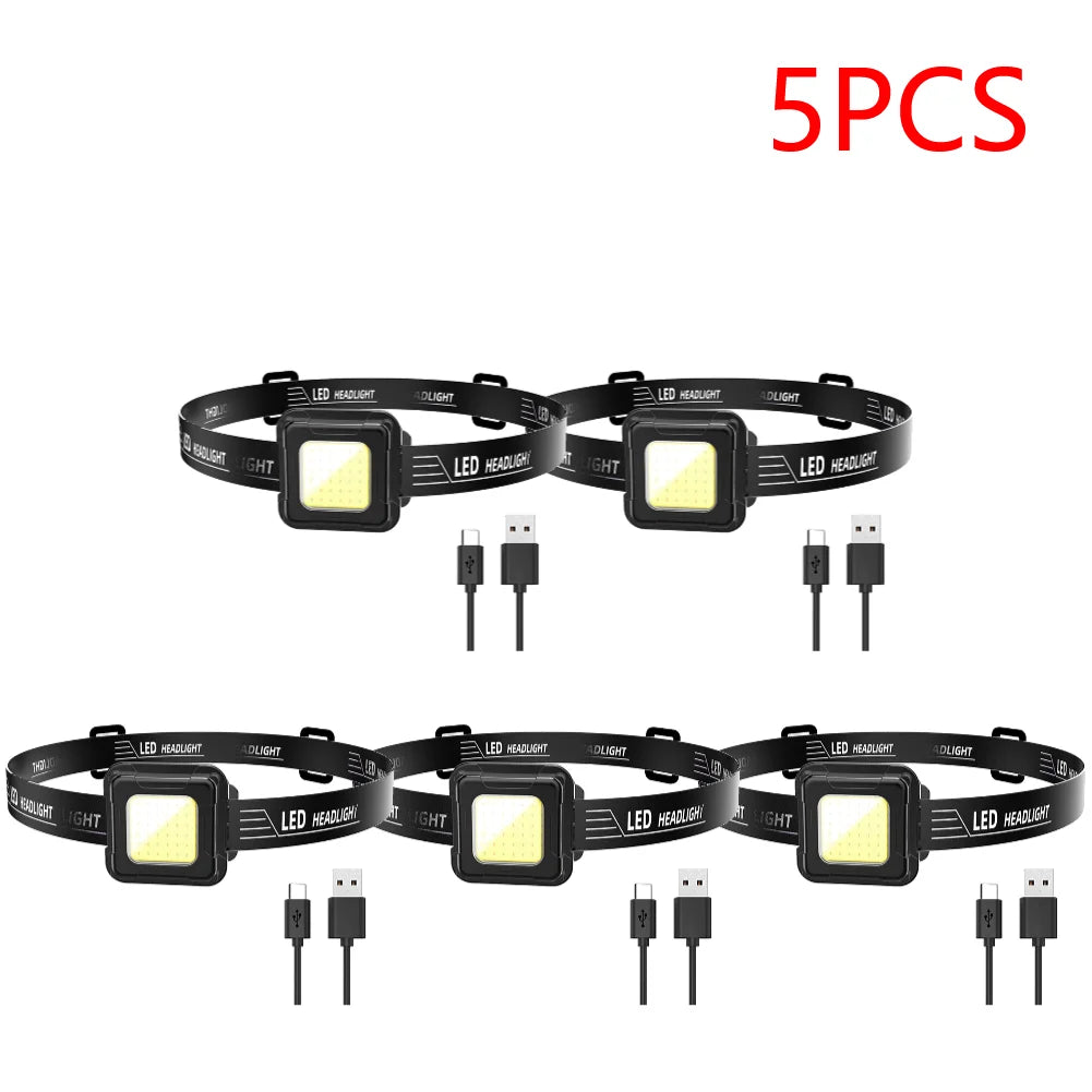 3-10PCS LED Work Light Type C USB Charging Multifunctional Head Torch Adjustable Angle COB LED Headlight Camping Running Hiking