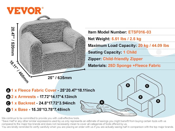 VEVOR Play Couch Kids Sofa Toddler Foam Sofa Couch with High-density 25D Sponge for Playing Creativing Sleeping Kids Furniture