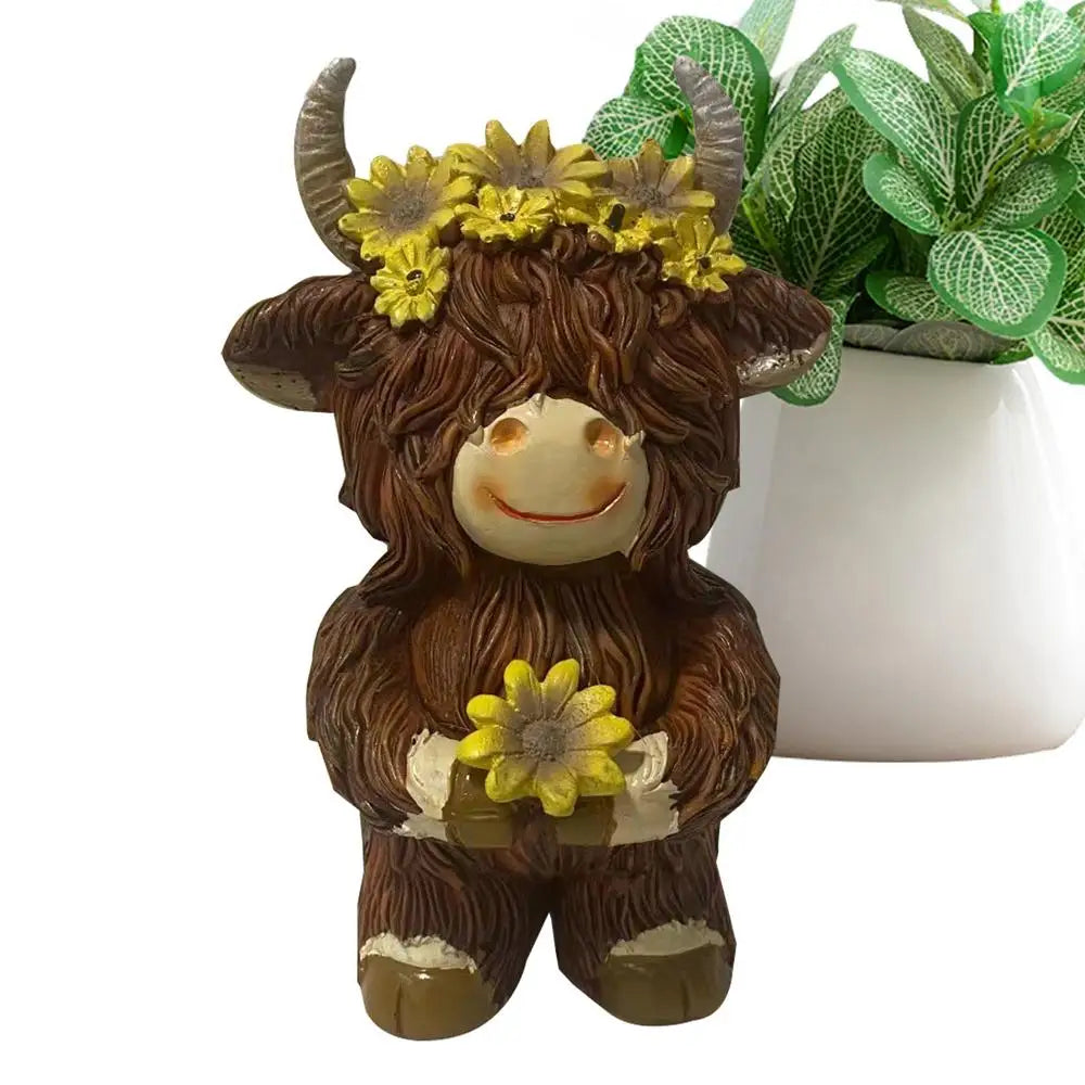 Highland Cow Figurine Resin Figurine With Flower Collectible Figurine For Farmhouse Table Home Garden Decorations