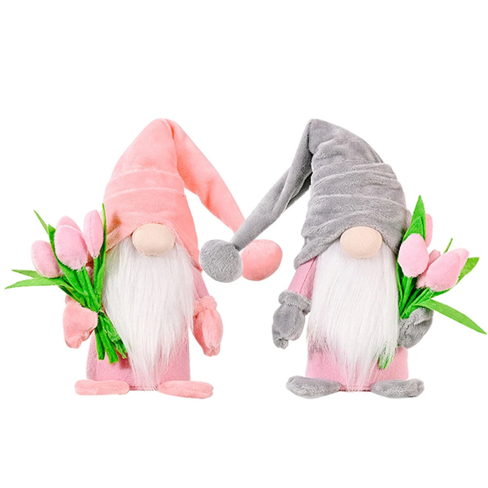 2Pcs Old Man Dwarf Decor Holding Tulip Mini Gnomes Figure Creative Plush Faceless Dwarf Ornament Mother Day Home Decor