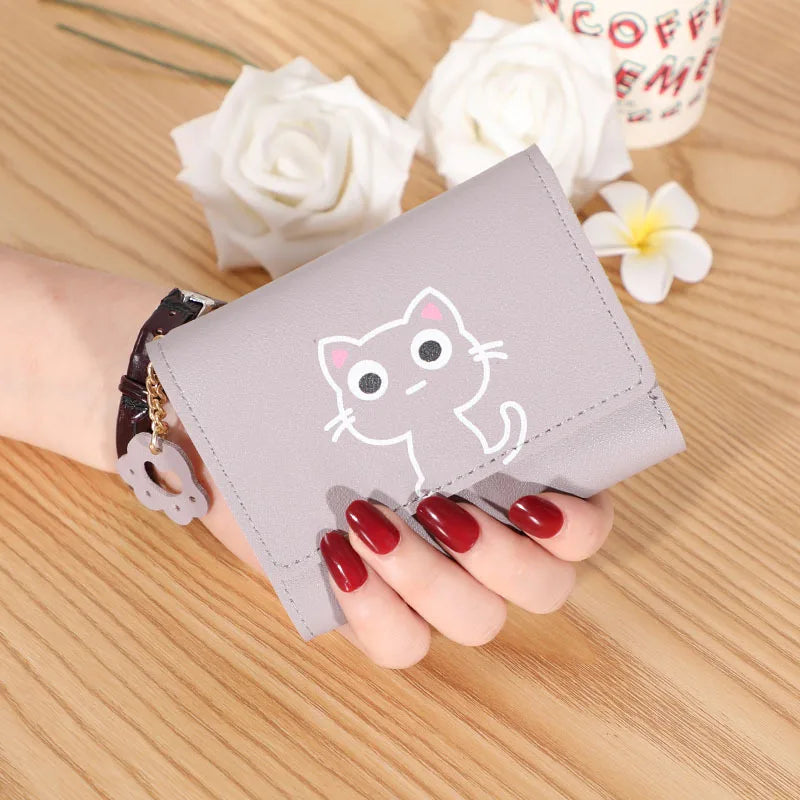 Solid Color PU Leather Fold Purse With Lovely Cat Print / Fashion Short Wallet Money Card Holder For Women