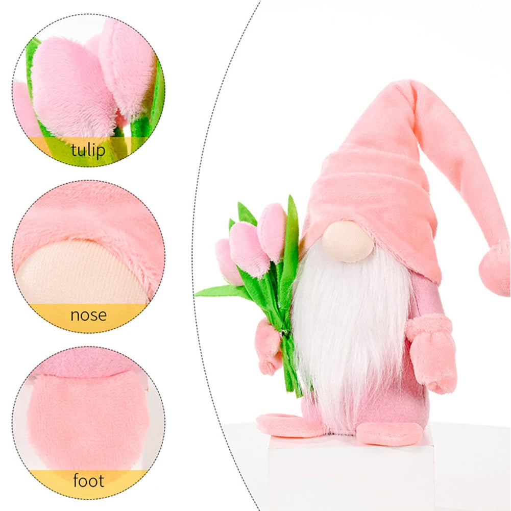 2Pcs Old Man Dwarf Decor Holding Tulip Mini Gnomes Figure Creative Plush Faceless Dwarf Ornament Mother Day Home Decor