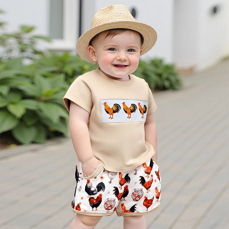 FOCUSNORM 0-4Y Toddler Kids Boys Clothes Sets Rooster Embroidery Short Sleeve T-shirts Elastic Waist Shorts 2PCS