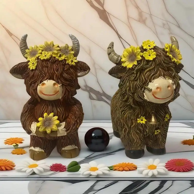 Highland Cow Figurine Resin Figurine With Flower Collectible Figurine For Farmhouse Table Home Garden Decorations