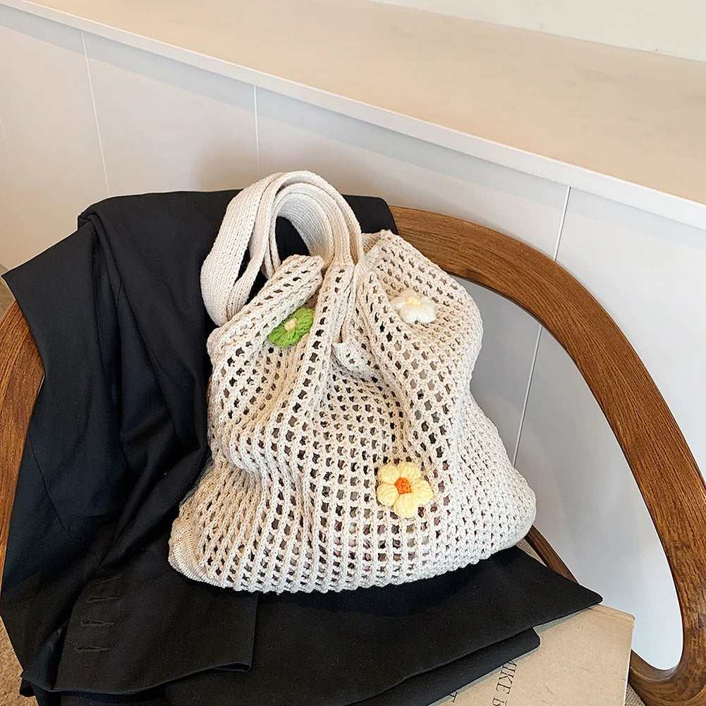 Women Knitted Tote Bag Crochet Shoulder Bag with Flower Decor Fashion Tote Handbags Hollow Out Handbag Outdoor Travel Bag