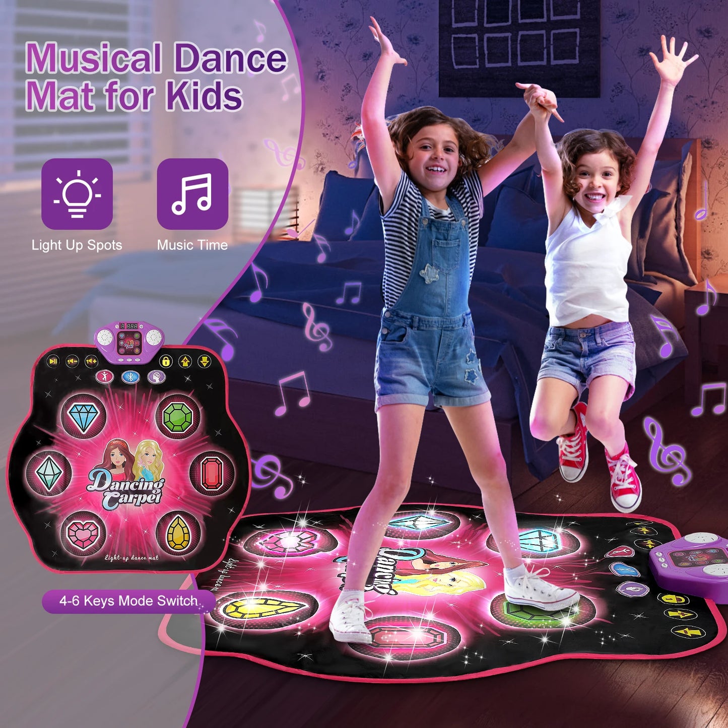 VATOS 27 Levels Dance Mat for Girls Kids 6 LED Keys Light Up Bluetooth Lock 5 Music Dancing Game Toy Ages 3~8 Years Old