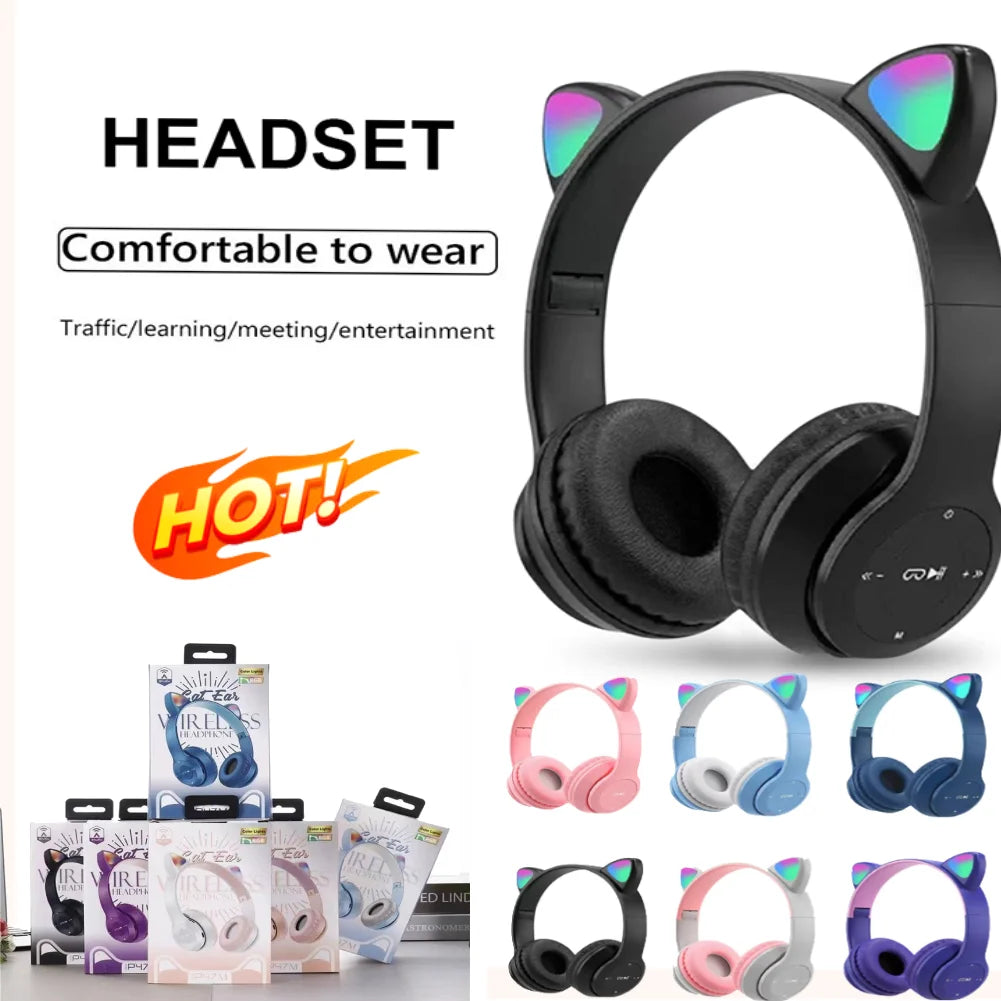 Wireless Headphones Cat Ear Gaming Headset Glow Light Bluetooth-Compatible Helmets Cute Over-Ear Headsets for Kids and Adult