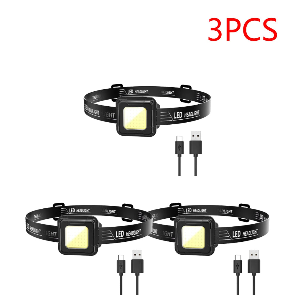 3-10PCS LED Work Light Type C USB Charging Multifunctional Head Torch Adjustable Angle COB LED Headlight Camping Running Hiking