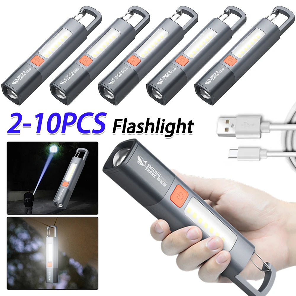 2-10PCS LED Camping Flashlight Multifunction Flashlight Type C USB Rechargeable Lightweight Torch 3 Light Modes Hiking Climbing