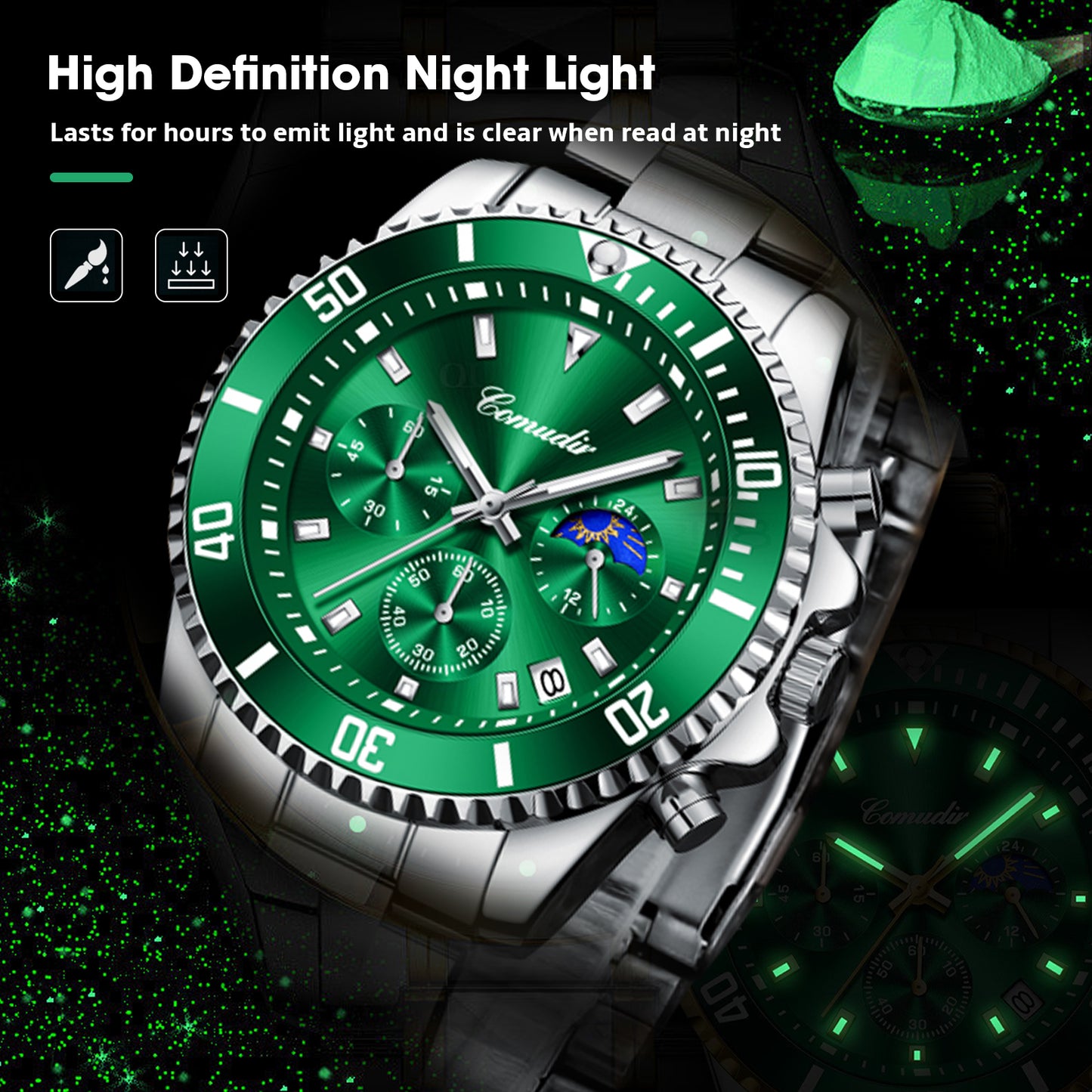 Men's Stainless Steel Chronograph Watch, Waterproof Swimming Wristwatch, Luminous Analogue Business Watch With Date LCD Display