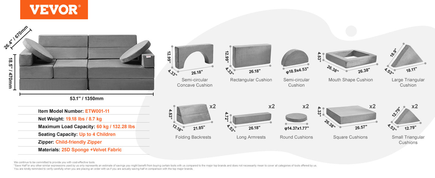 VEVOR Play Couch Kids Sofa Toddler Foam Sofa Couch with High-density 25D Sponge for Playing Creativing Sleeping Kids Furniture